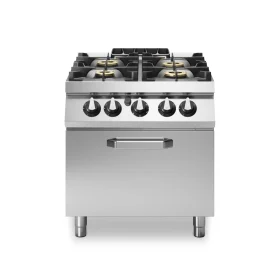 Professional 4-Burner Gas Range with Integrated 8 kW Static Gas Oven, 44 kW High-Output Modular Italian Stainless Steel Design.