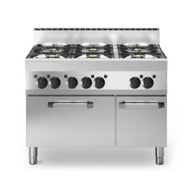 High-capacity 30.8 kW gas range featuring six powerful burners and a spacious electric oven for versatile commercial cooking.