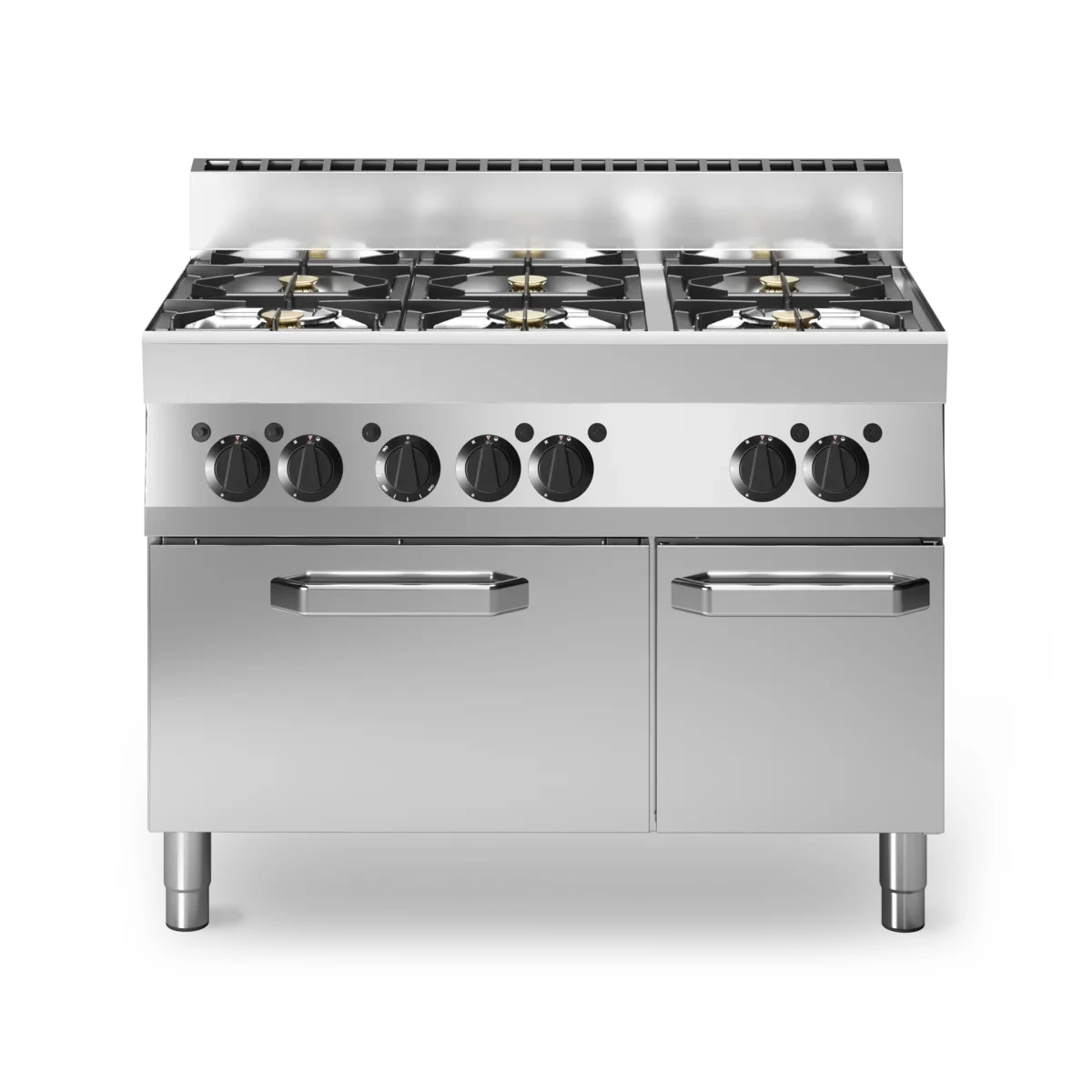 High-capacity 30.8 kW gas range featuring six powerful burners and a spacious electric oven for versatile commercial cooking.