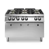 Professional 6-Burner Gas Range with Integrated 12 kW Static Gas Oven, 64 kW High-Output Modular Italian Stainless Steel Design.