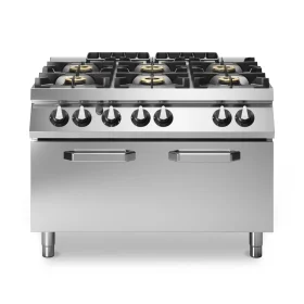 Professional 6-Burner Gas Range with Integrated 12 kW Static Gas Oven, 64 kW High-Output Modular Italian Stainless Steel Design.