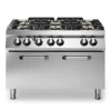 Professional 6-Burner Gas Range with Integrated 10 kW Maxi Static Gas Oven, 43.5 kW High-Capacity Modular Stainless Steel Design.