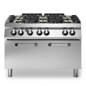 Professional 6-Burner Gas Range with Integrated 10 kW Maxi Static Gas Oven, 43.5 kW High-Capacity Modular Stainless Steel Design.