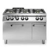 Professional 6-Burner Gas Range with Integrated 8 kW Standard Static Gas Oven, 33.8 kW Capacity Modular Stainless Steel Design.