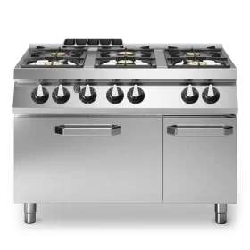 Professional 6-Burner Gas Range with Integrated 8 kW Standard Static Gas Oven, 33.8 kW Capacity Modular Stainless Steel Design.