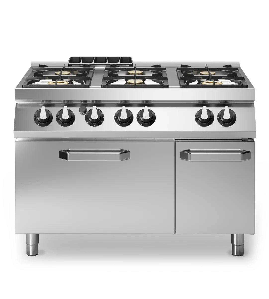 Professional 6-Burner Gas Range with Integrated 8 kW Standard Static Gas Oven, 33.8 kW Capacity Modular Stainless Steel Design.