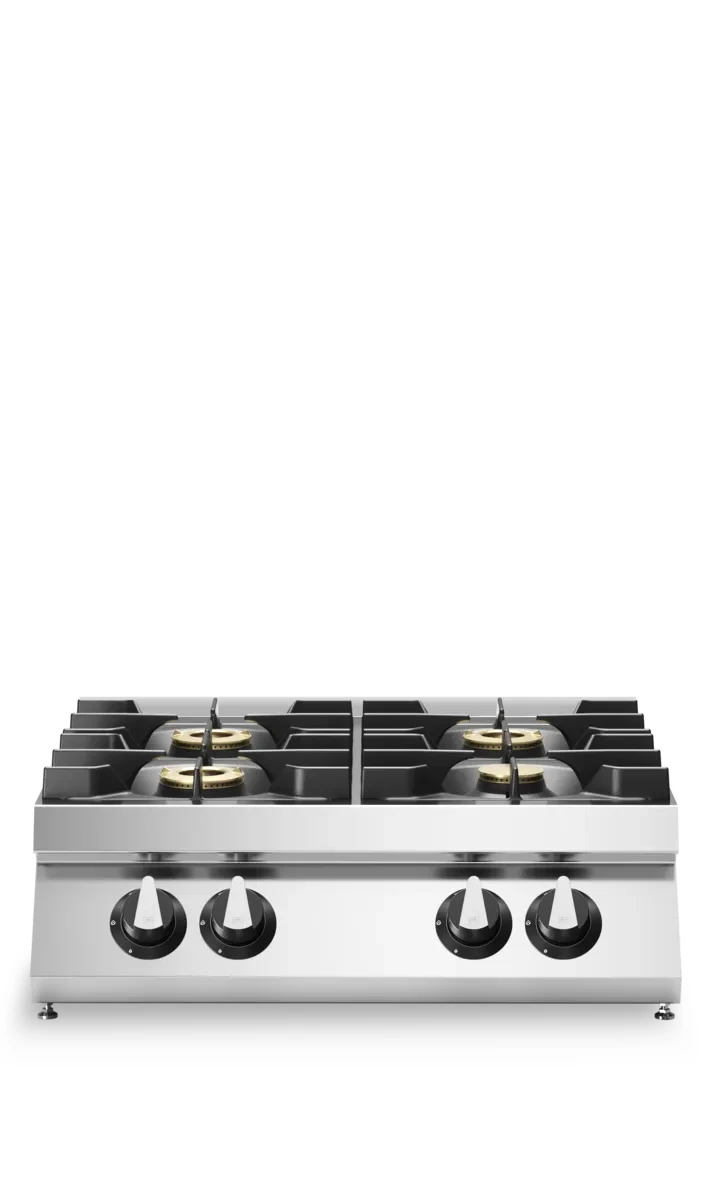 Professional 4-Burner Gas Range Top, 21.5 kW Stainless Steel Modular Tabletop Design.