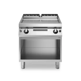Modular Italian-made stainless steel smooth top gas griddle with open cabinet base, 6 kW.